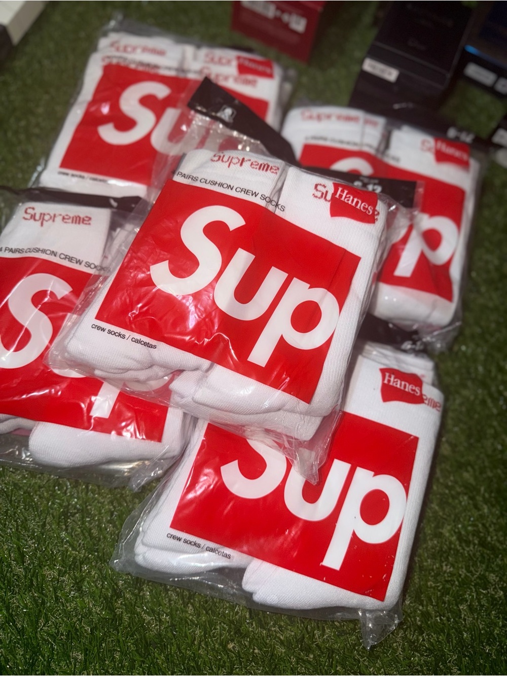 Hanes White Crew Socks with Red Logo Pack